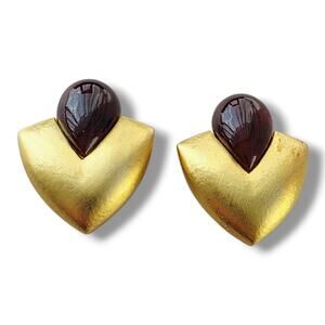 Vintage Clip On Drop Earrings Chunky Gold Tone Brown Faux Amber Mode Statement